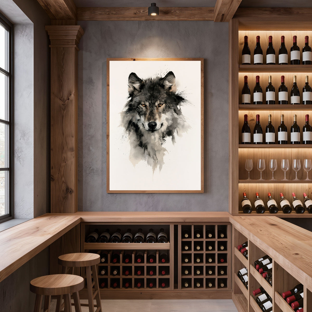 Wolf in ink, in a natural wood frame on a grey plaster wall above wooden stools and wine racks in a wine room