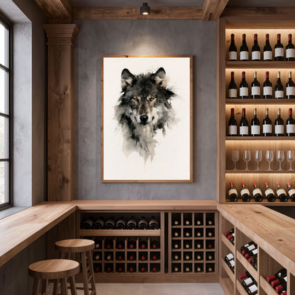 Wolf in ink, in a natural wood frame on a grey plaster wall above wooden stools and wine racks in a wine room