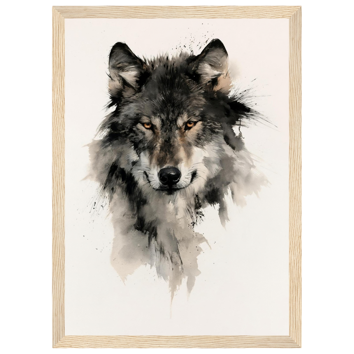 Wolf in ink, print in a natural wood frame