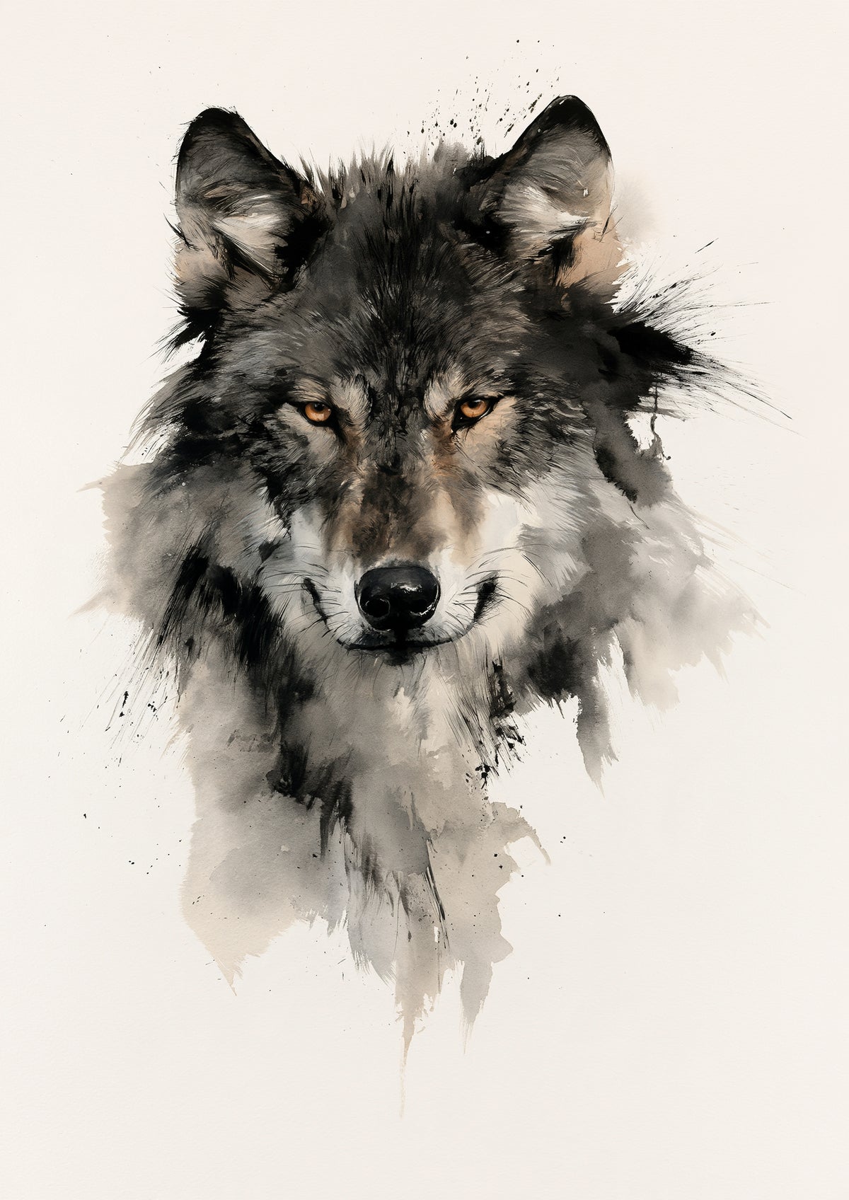 A wolf's head painted in loose black and grey ink wash on cream paper, with amber eyes looking straight out and ink spatter at the edges