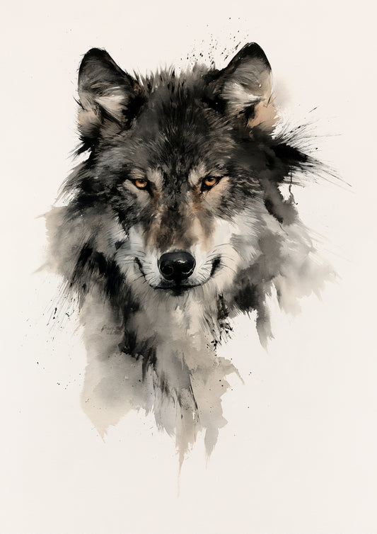 A wolf's head painted in loose black and grey ink wash on cream paper, with amber eyes looking straight out and ink spatter at the edges