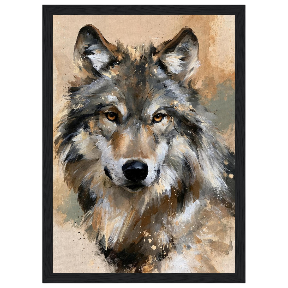 Wolf in ochre, print in a black frame