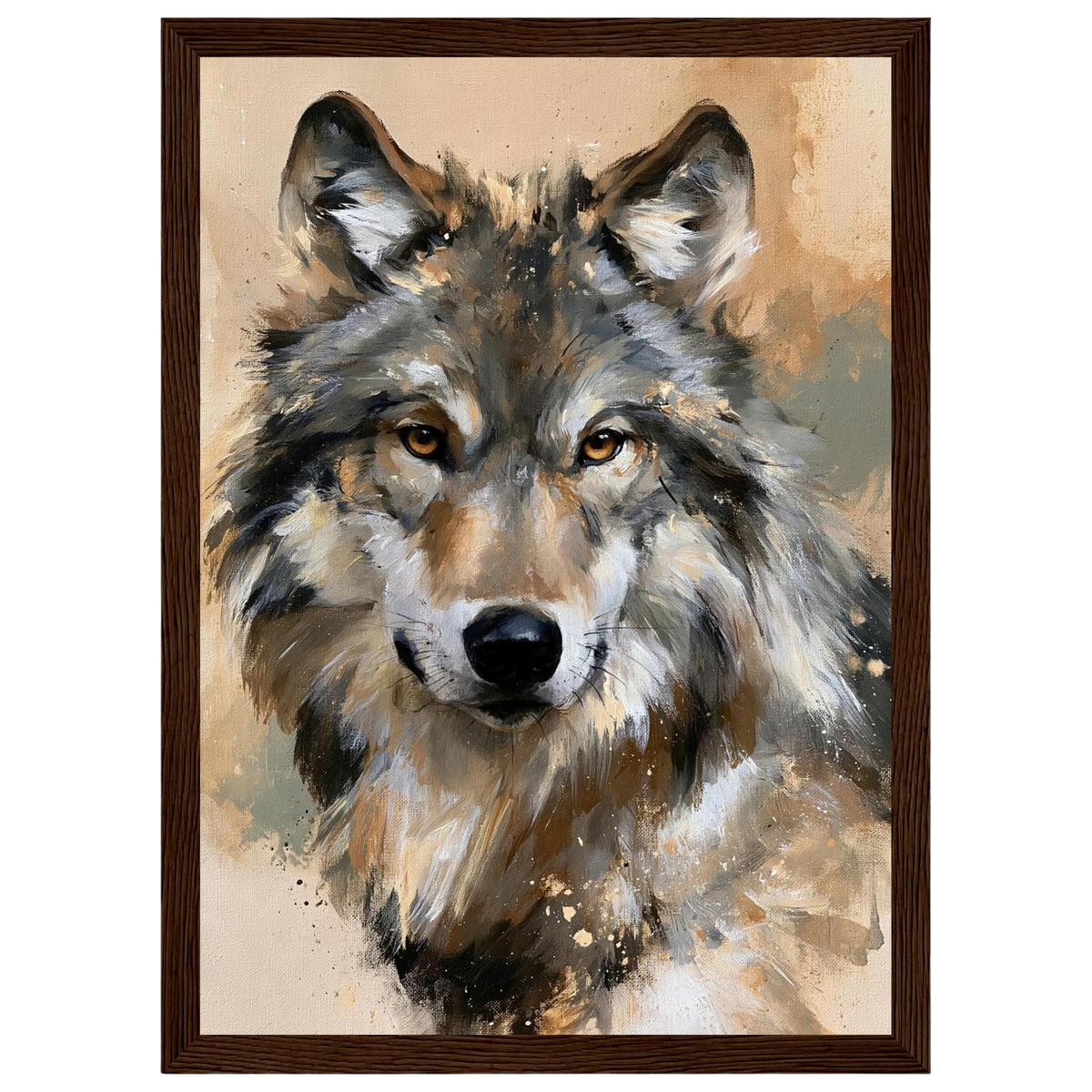 Wolf in ochre, print in a dark wood frame