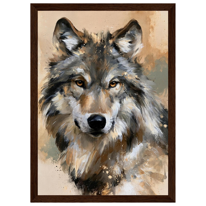 Wolf in ochre, print in a dark wood frame