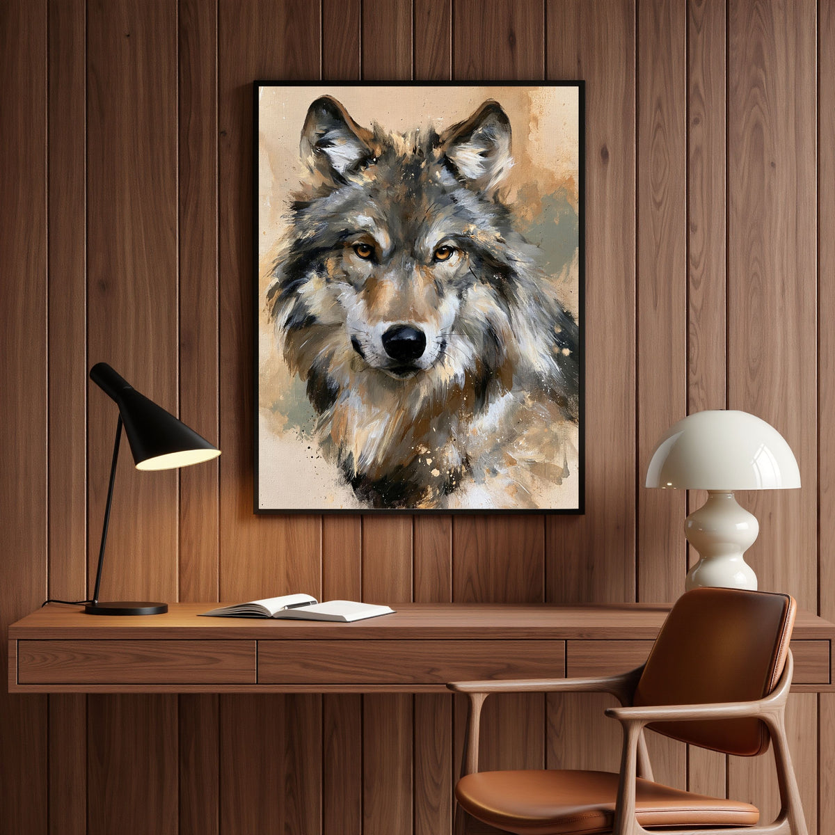 Wolf in ochre, in a black frame on walnut panelling above a wooden desk and leather chair in a home office
