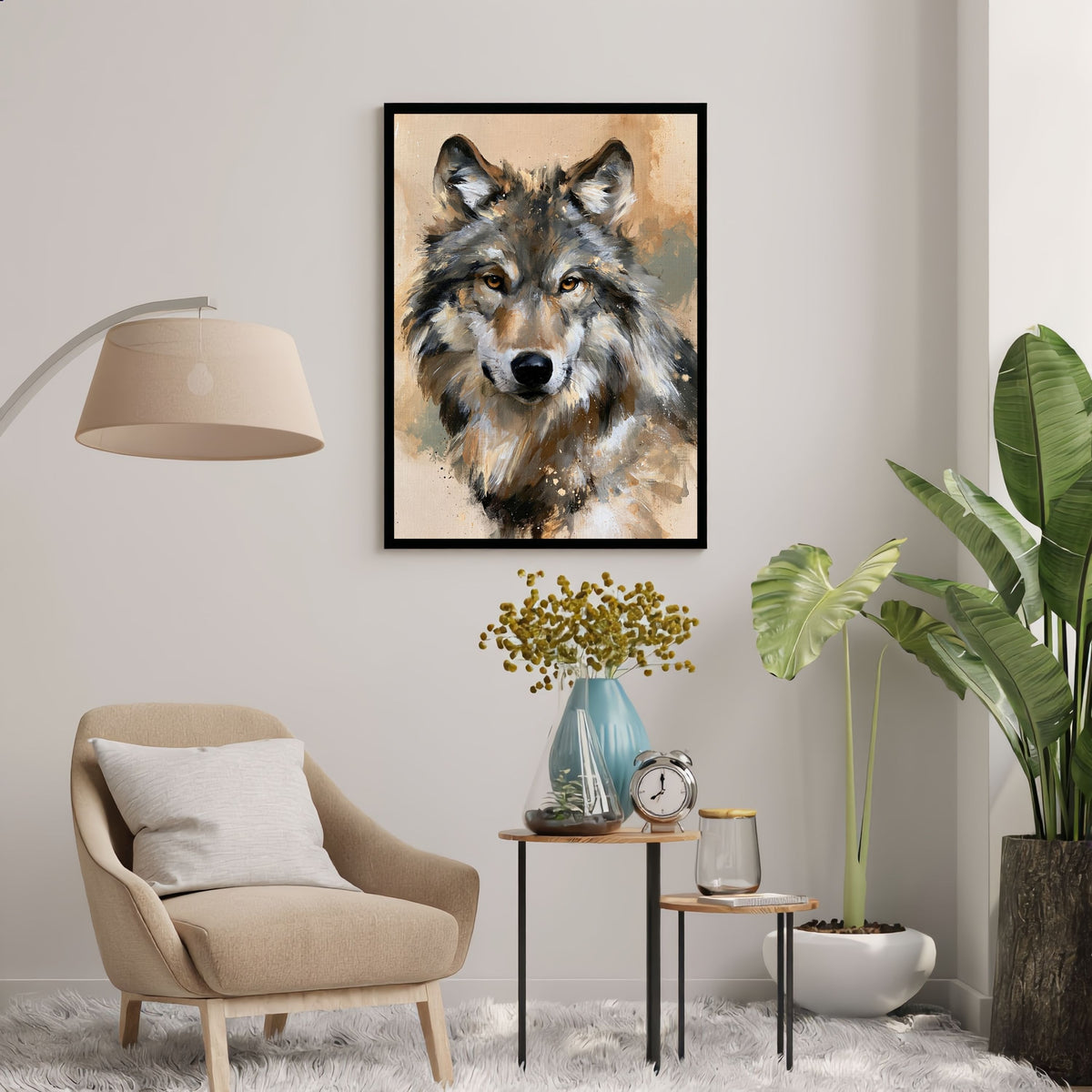 Wolf in ochre, in a black frame above a beige armchair and small side tables in a calm reading corner