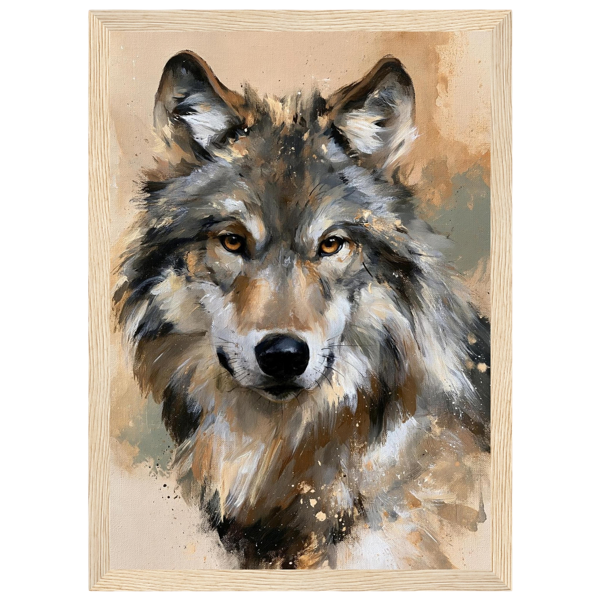 Wolf in ochre, print in a natural wood frame