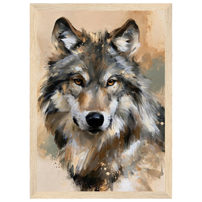 Wolf in ochre, print in a natural wood frame
