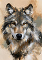 A grey wolf portrait in bold, loose brushstrokes of grey, white, black and tawny brown on a warm ochre ground, with amber eyes looking straight out