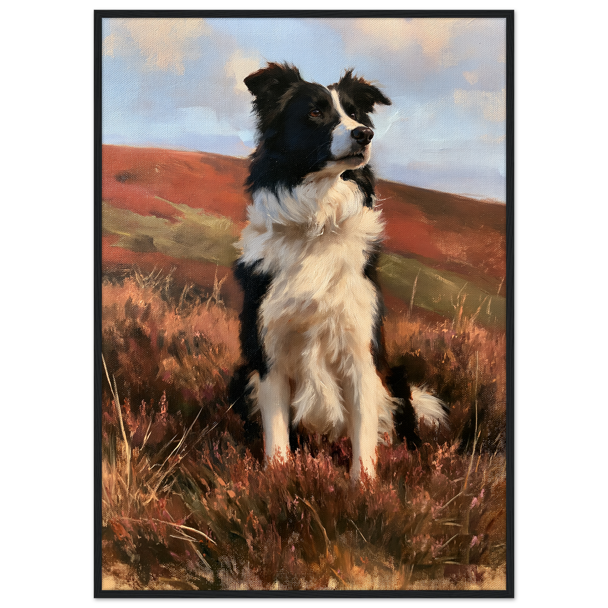 Working collie on a heather moor print in a black frame