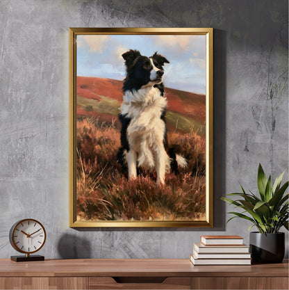 Working collie on a heather moor, framed in gold above a wooden sideboard against a grey concrete wall