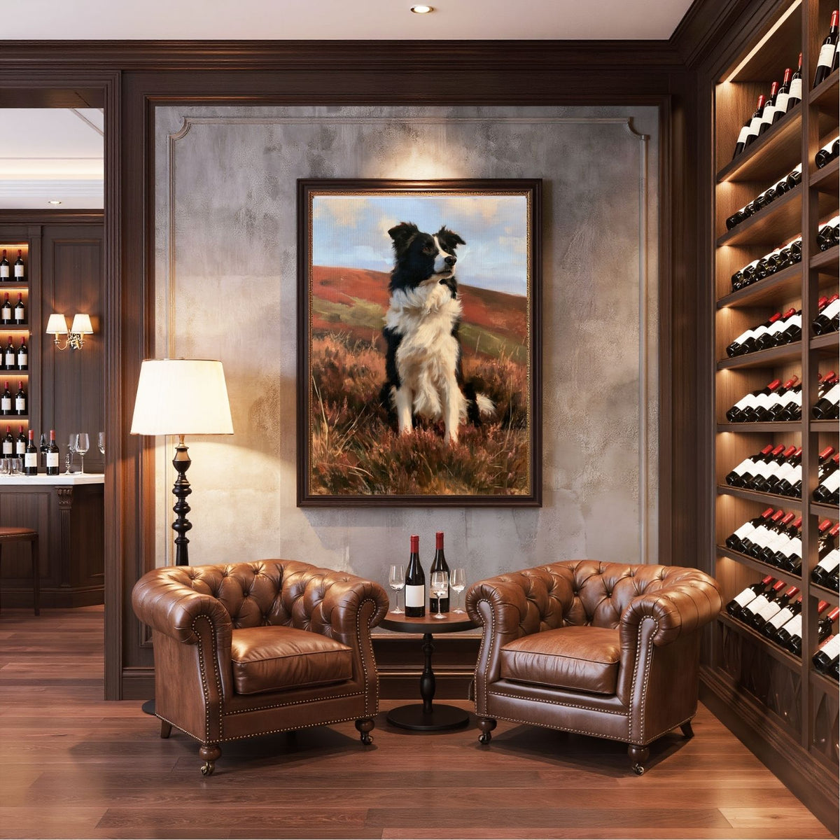 Working collie on a heather moor, framed in dark wood above two leather armchairs in a panelled snug