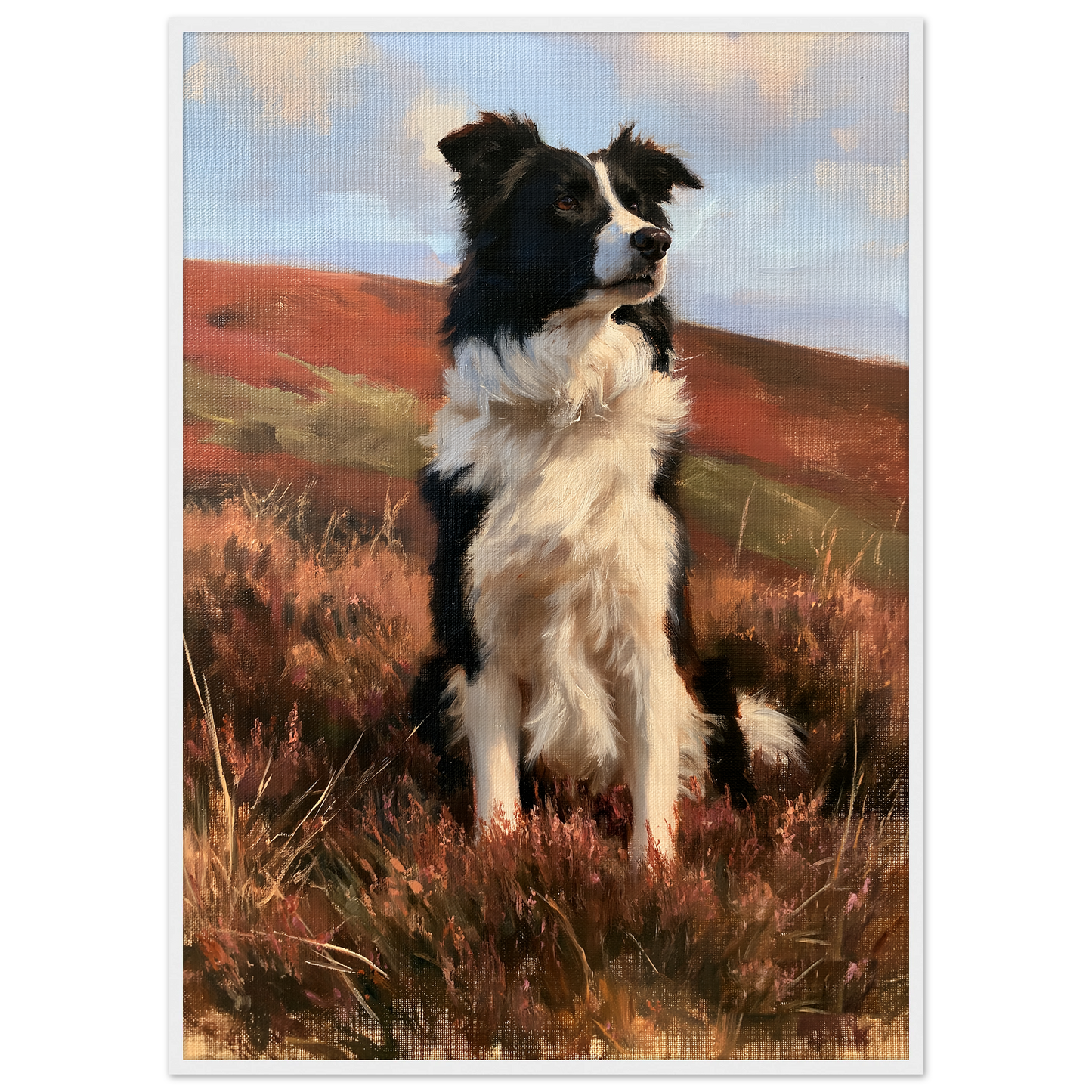 Working collie on a heather moor print in a white frame