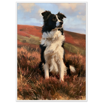Working collie on a heather moor print in a white frame