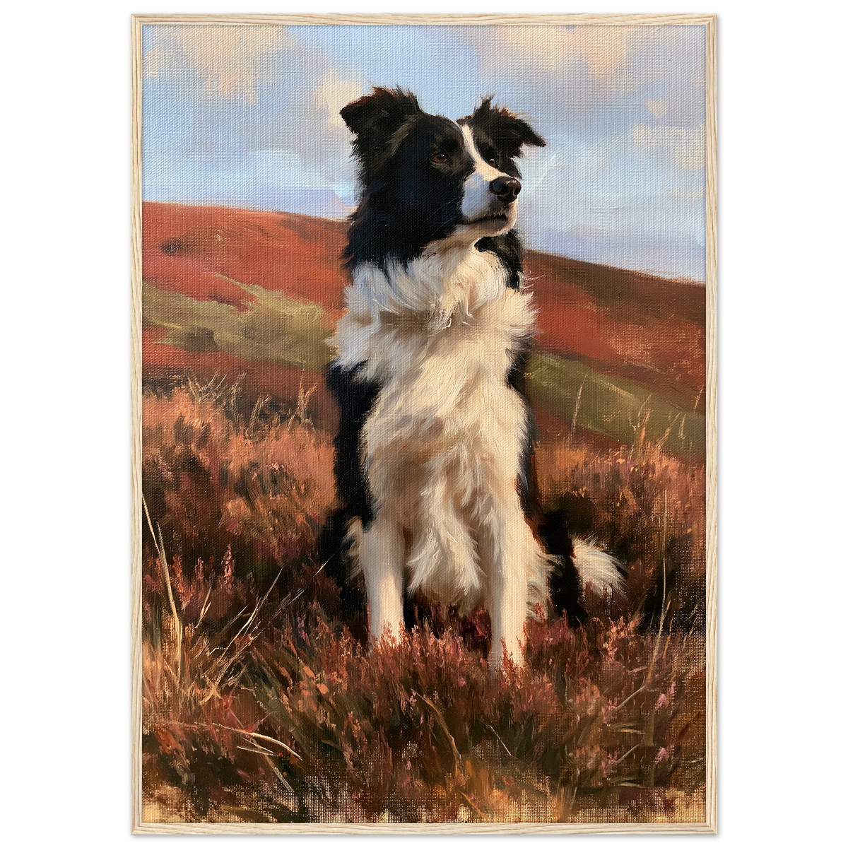 Working collie on a heather moor print in a pale natural wood frame
