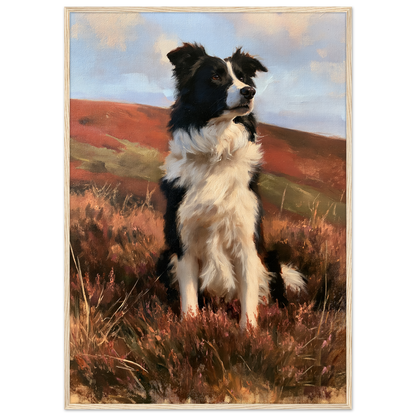 Working collie on a heather moor print in a pale natural wood frame