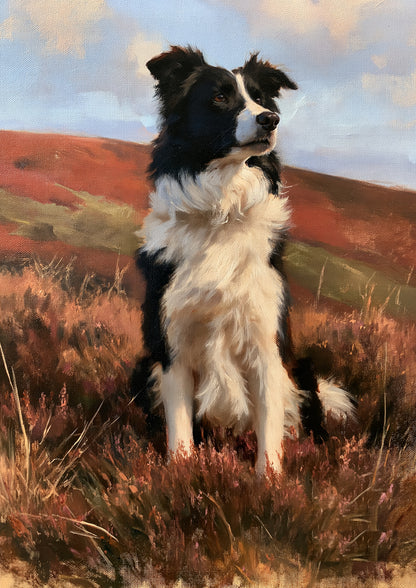 A black and white border collie sitting upright on an open heather moor in warm light, head lifted and turned away, painted in loose oils