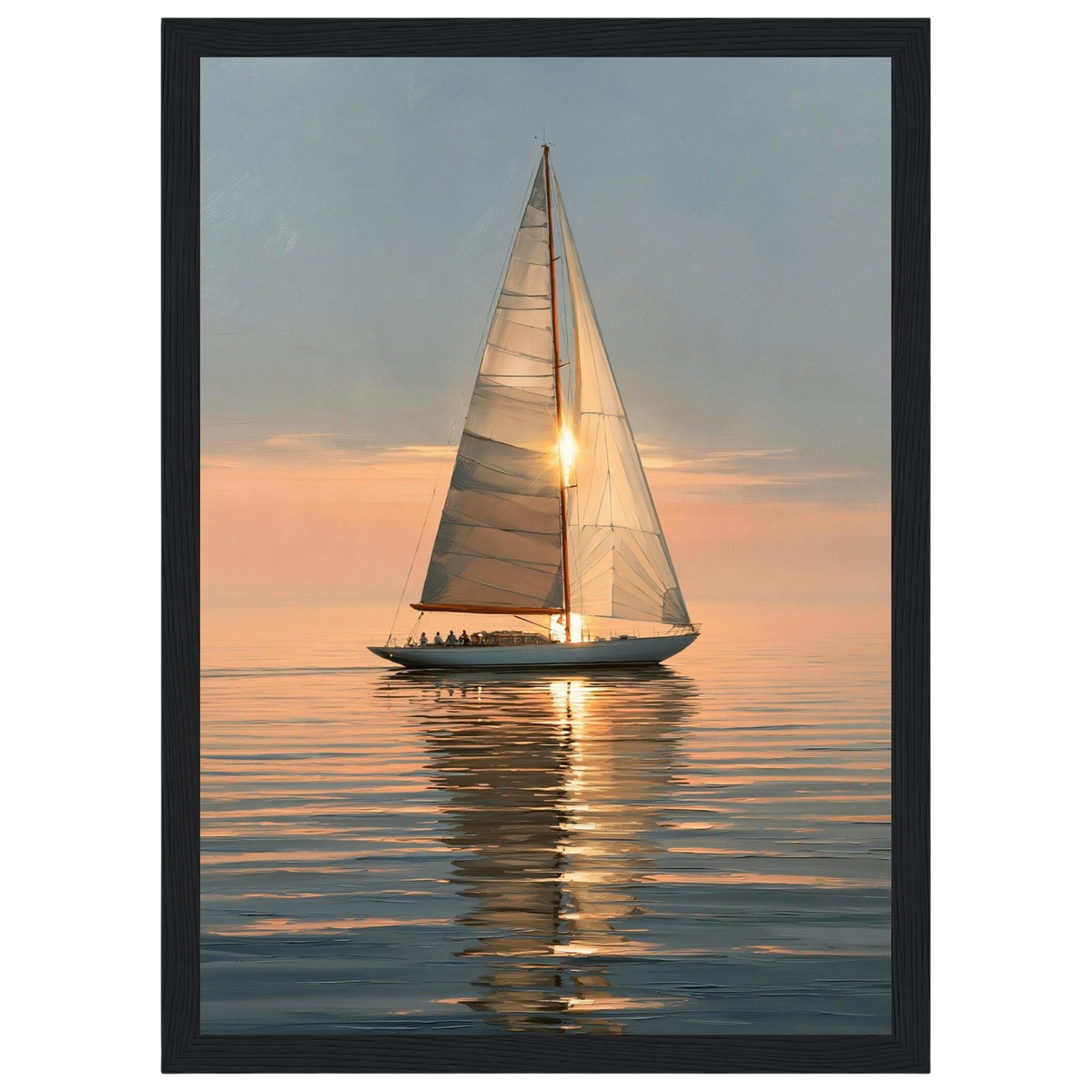 Yacht at sunset, print in a black frame