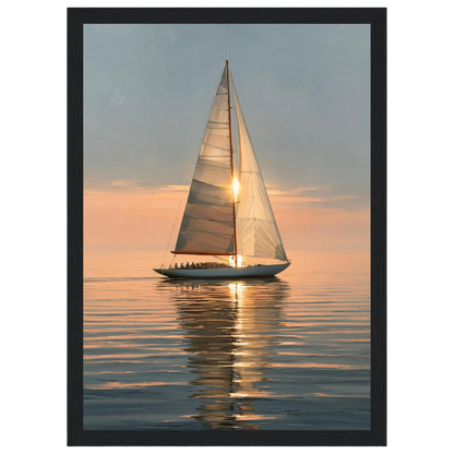 Yacht at sunset, print in a black frame