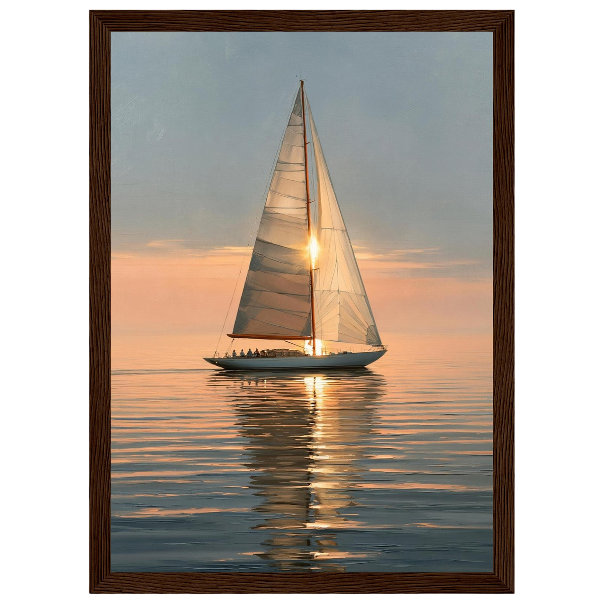 Yacht at sunset, print in a dark wood frame