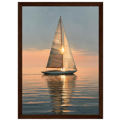 Yacht at sunset, print in a dark wood frame