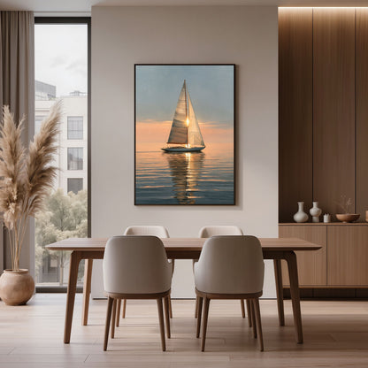 Yacht at sunset, in a black frame above an oak dining table and upholstered chairs in a modern dining room