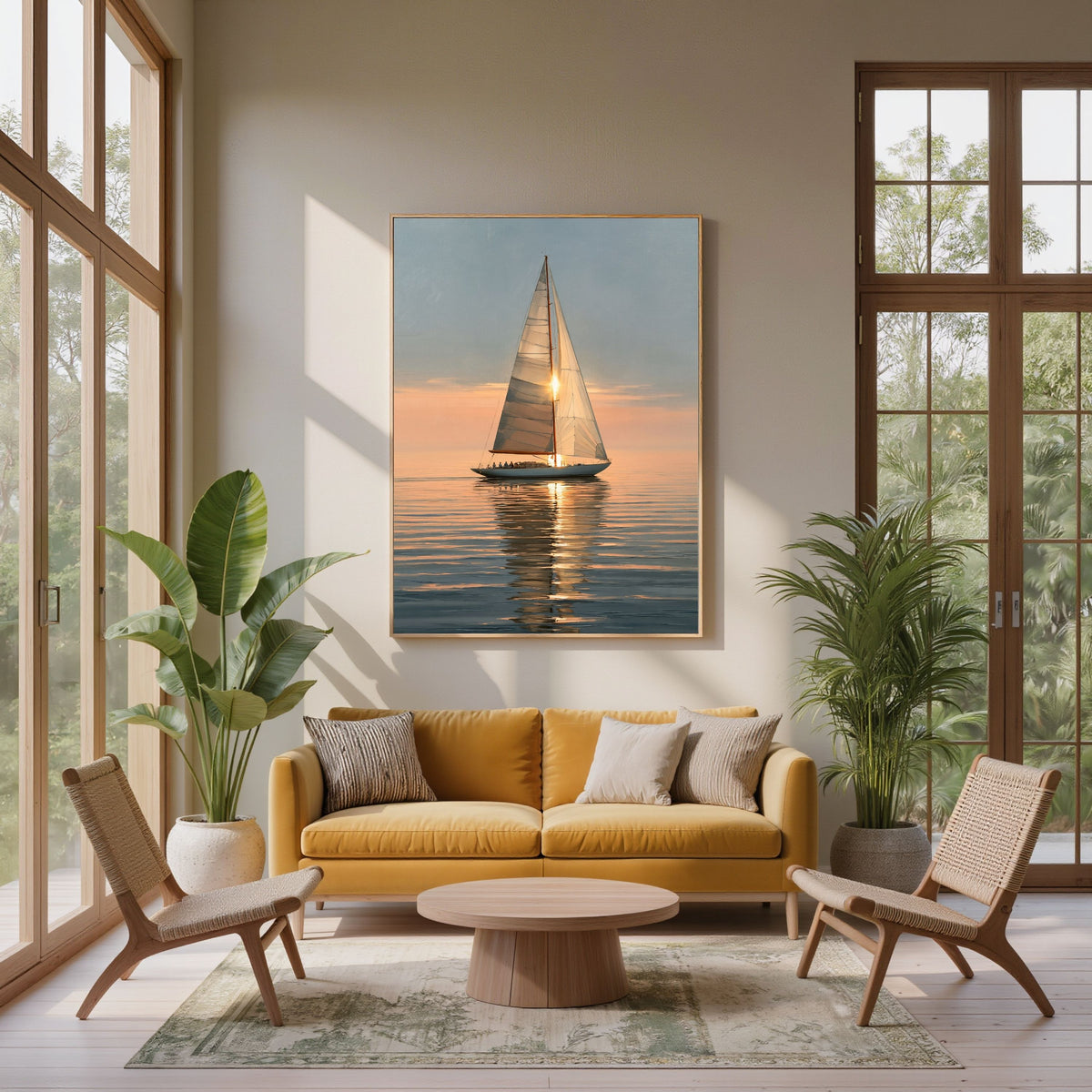 Yacht at sunset, in a natural wood frame above a mustard sofa between tall garden windows in a bright living room