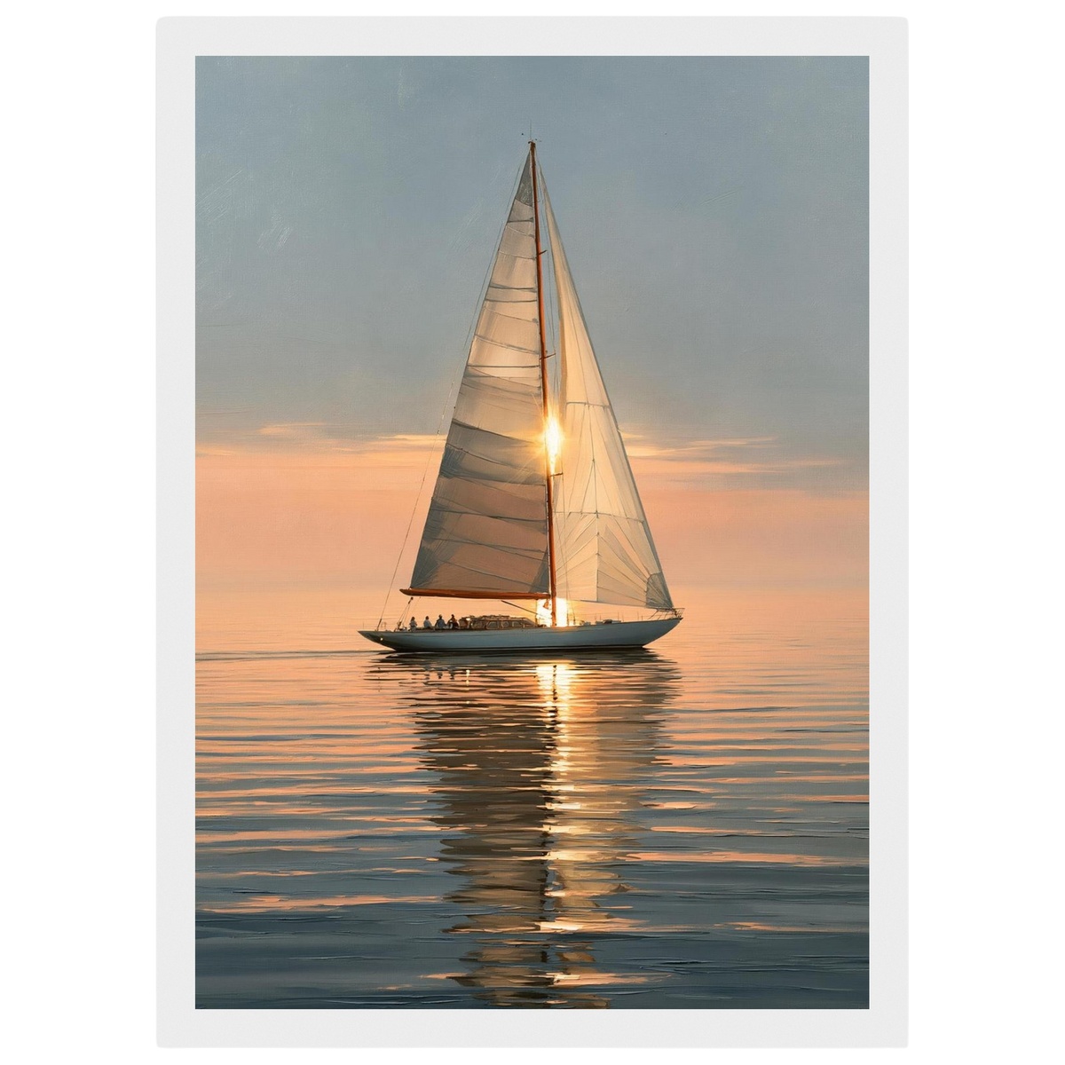 Yacht at sunset, print in a white frame