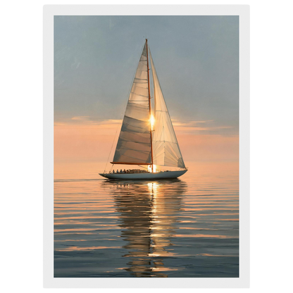 Yacht at sunset, print in a white frame