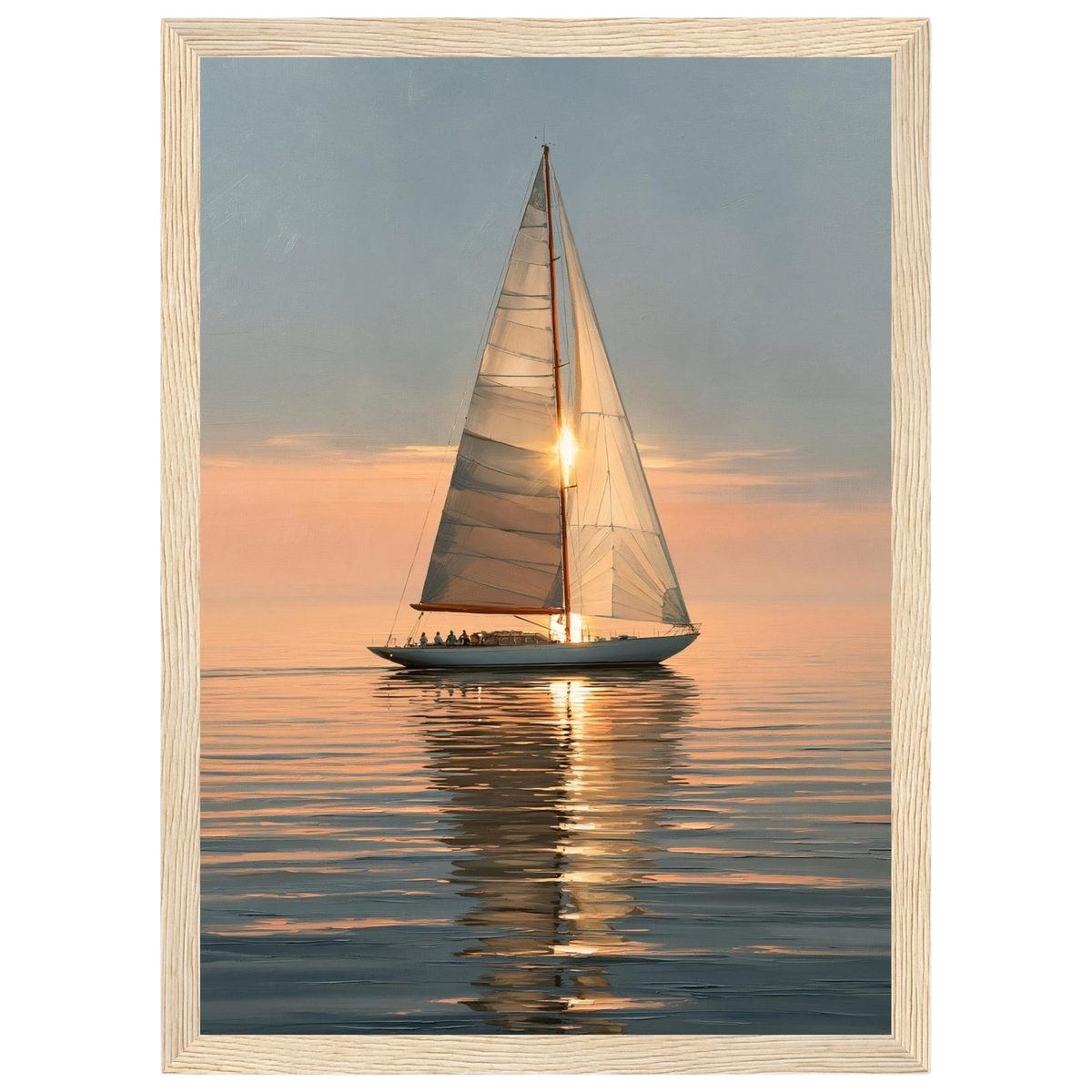 Yacht at sunset, print in a natural wood frame