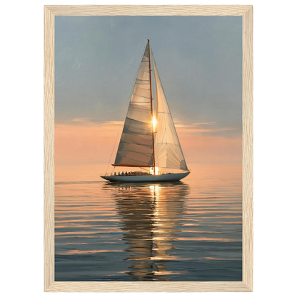 Yacht at sunset, print in a natural wood frame