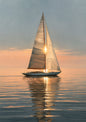 A classic white-hulled yacht under full sail on a glassy sea at sunset, the low sun shining through its sails and reflected in a column of gold on the water